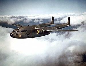 Fairchild C-119B of the 314th Troop Carrier Group in flight, 1952 (021001-O-9999G-016).jpg