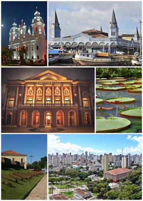 From the top, clockwise: Our Lady of Grace Cathedral; Ver-o-Peso Market; Victoria amazonica at the Museu Paraense Emílio Goeldi; view of the city; Forte do Presépio and Theater of Peace.