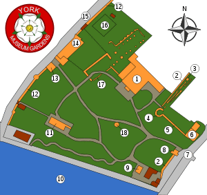 Diagram of the grounds inside the gate, showing the location of St. Mary's Abbey, Multiangular Tower, Hospitalium, Observatory, Roman Wall, Lodge, City Wall, and Toilet. The River Ouse is at the bottom. Other buildings are on the periphery, such as St Olave's Church.