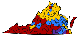 Virginia counties colored either red, blue, yellow, green, or purple based on the populations most common ancestry. The south-east is predominately purple for African American, while the west is mostly red for American. The north has yellow for German, with two small areas green for Irish. Yellow is also found in spots in the west. A strip in the middle is blue for English.