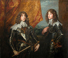The picture consists of Charles Louis on the left and Rupert on the right, both in dark armour, standing against an open window with a billowing curtain.