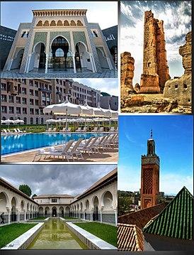 Clockwise from top: Mansourah Mosque, Great Mosque of Tlemcen, Mechouar Palace, Renaissance Hotel, Centre d'études andalouses