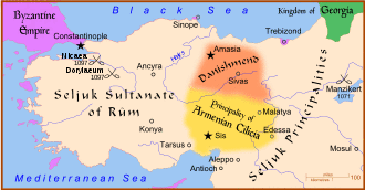Map of Anatolia showing the Seljuk Sultanate of Rum in the west, the Danishmends realm and the Armenian principalities in the east