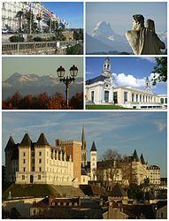Top, left to right: The Boulevard des Pyrénées and the Pic du Midi d'Ossau Middle, left to right: The Pic du Midi de Bigorre and the Palais Beaumont Bottom: The Château de Pau