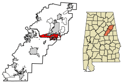 Location of Oxford in Calhoun County and Talladega County, Alabama.