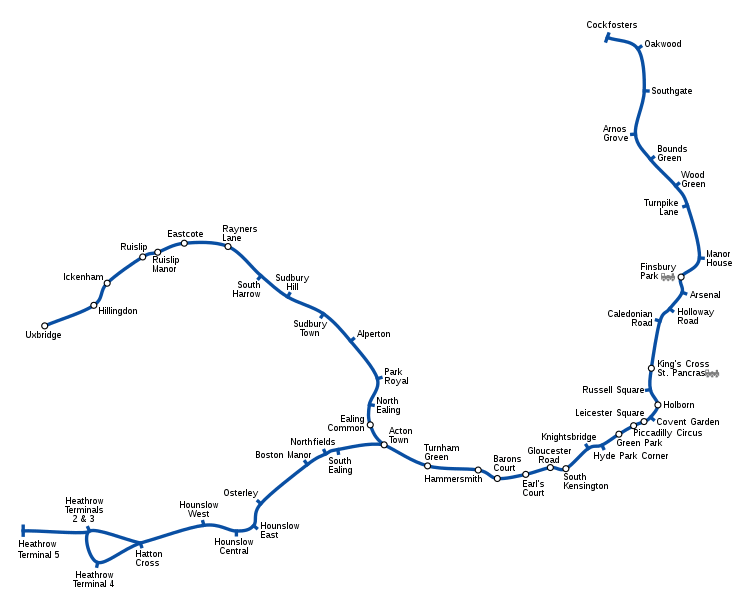 Geographically accurate path of the Piccadilly line