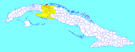 The former Varadero municipality (red) within Matanzas Province (yellow) and Cuba. The rest of Cárdenas municipality is shown in orange