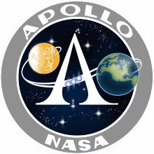 The Apollo program logo. Inside is a representation of the Earth and the Moon with a large letter A linking the two. A grey circle surrounds the scene with the text "Apollo NASA"