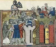 A miniature depicting Godfrey of Bouillon during the siege of Jerusalem