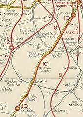A coloured map shows proposed new railway routes superimposed in red on a map of existing railway lines