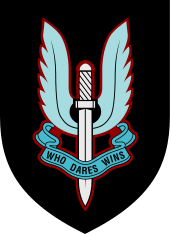 Emblem of a winged sword with the motto, "Who dares, wins"