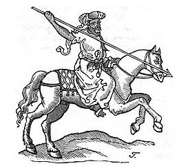 A pen and ink drawing of a mounted man wearing Arab dress and carrying a spear