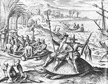 Illustration of 16th-century men hunting parrots