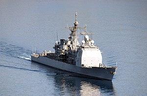 Starboard bow view of USS Monterey (CG-61) departing Souda Bay 021028-N-0780F-001.jpg