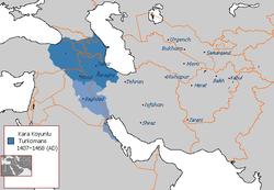 Kara Koyunlu of the Turkomans, lighter blue shows their greatest extent in Iraq and Arabian East Coast for a small period of time