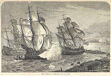 A draing of several sailing-ships, one firing its cannons
